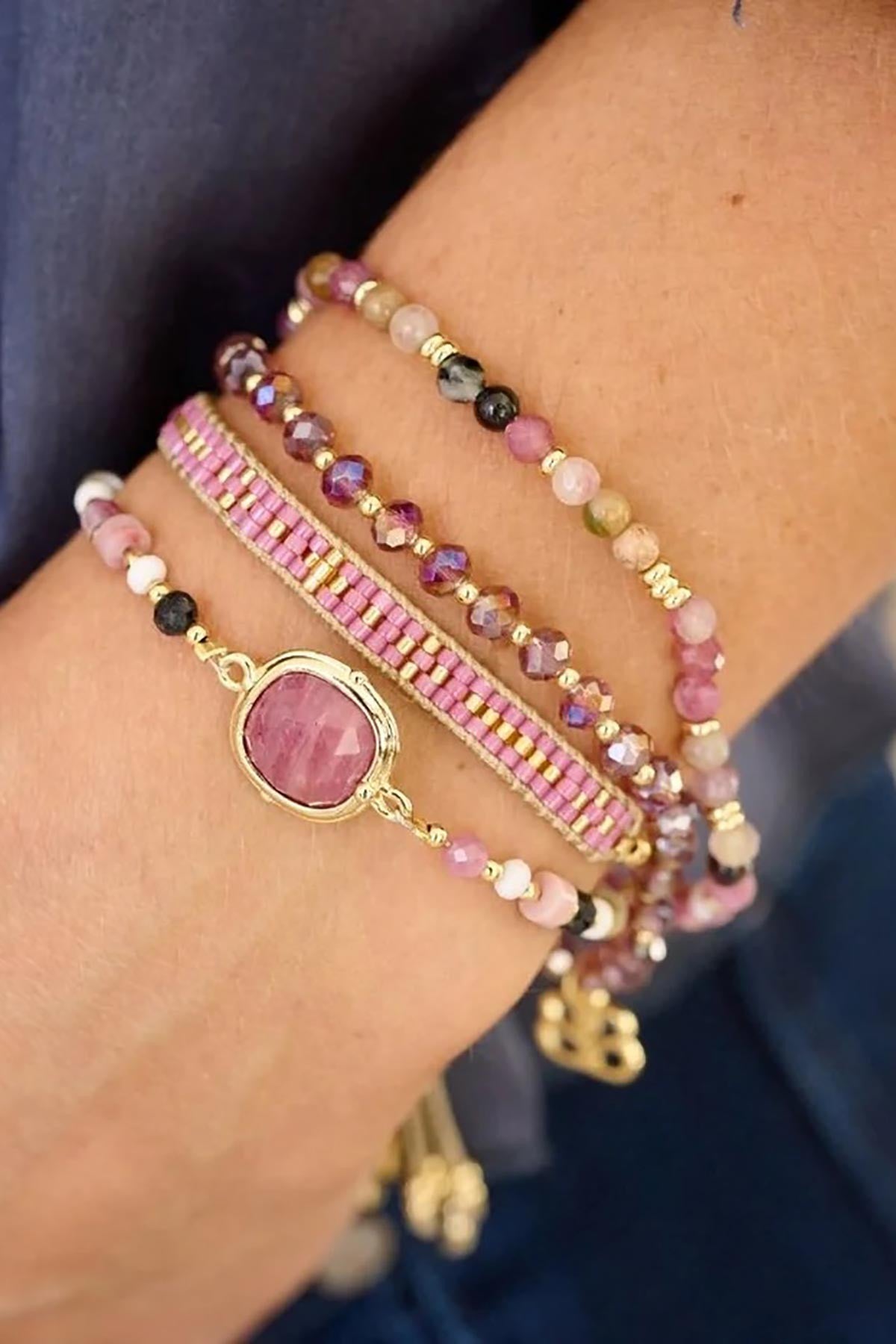 Prunus Gold & Pink Crystal Beaded Stretch Bracelet — Urban Wild