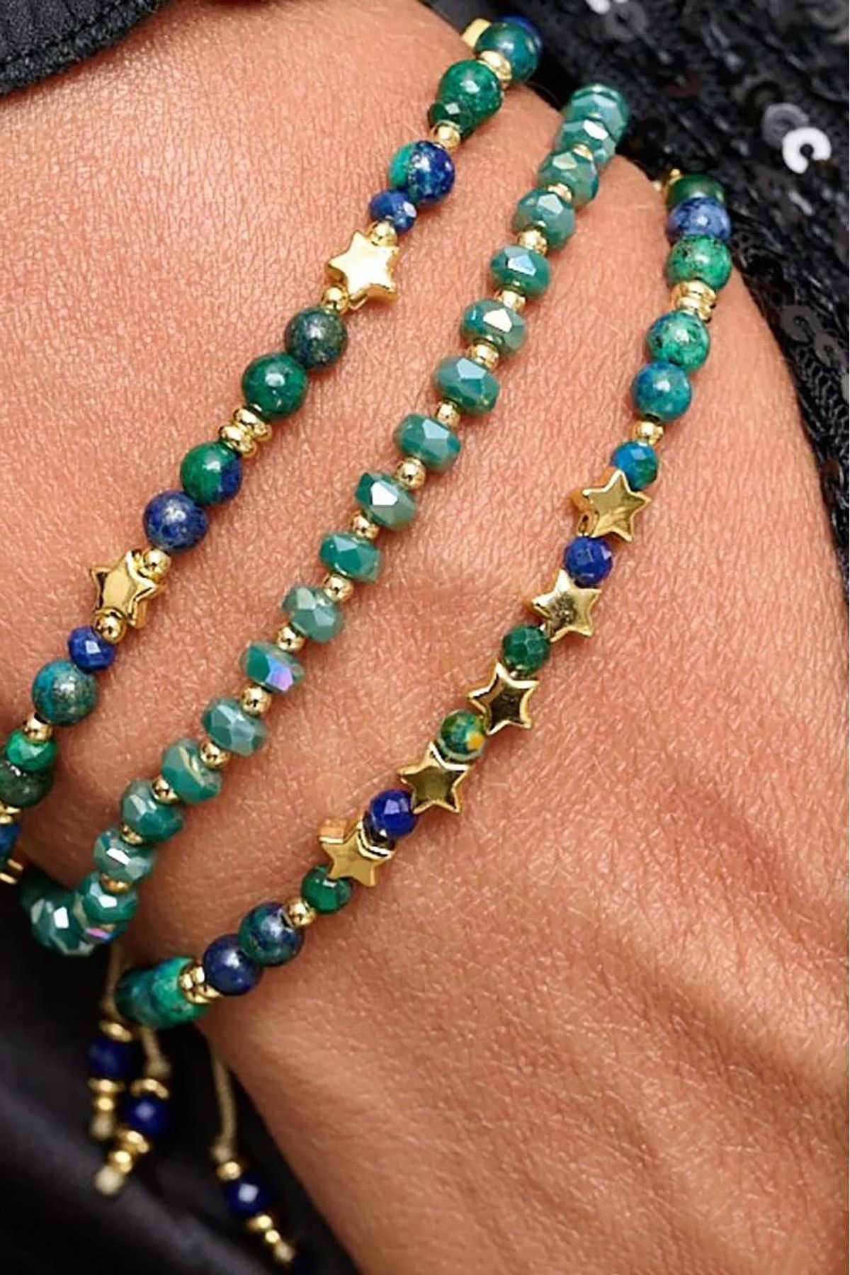 Prunus Green & Gold Crystal Beaded Stretch Bracelet — Urban Wild