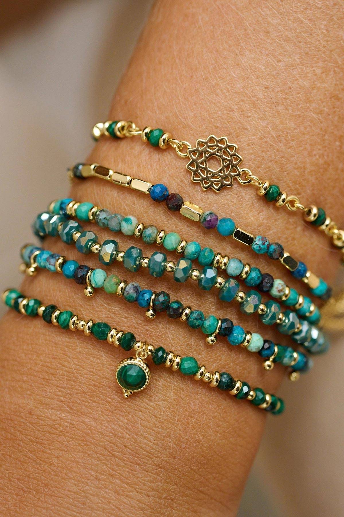 Prunus Green & Gold Crystal Beaded Stretch Bracelet — Urban Wild