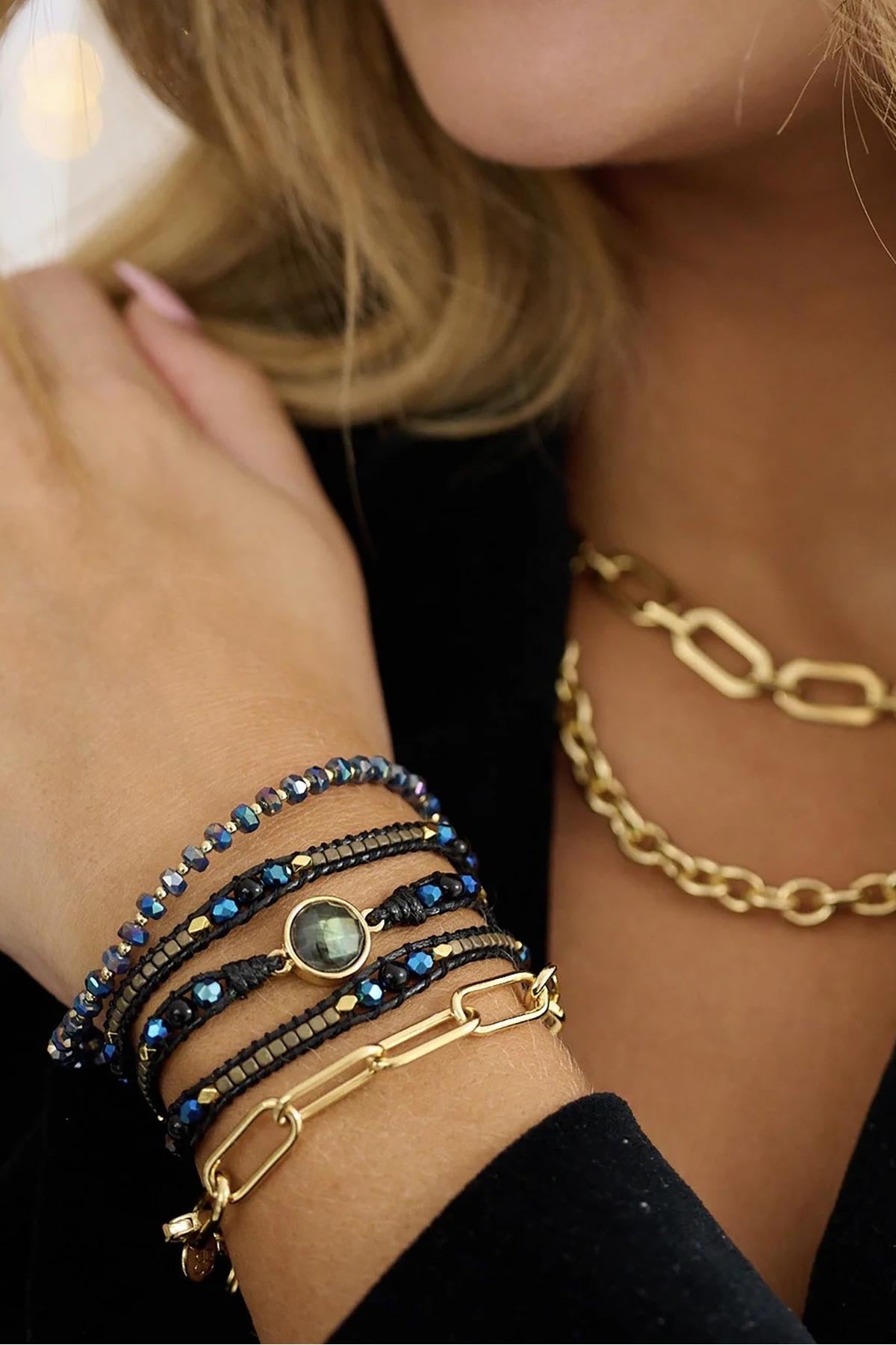 Prunus Navy & Gold Crystal Stretch Bracelet — Urban Wild