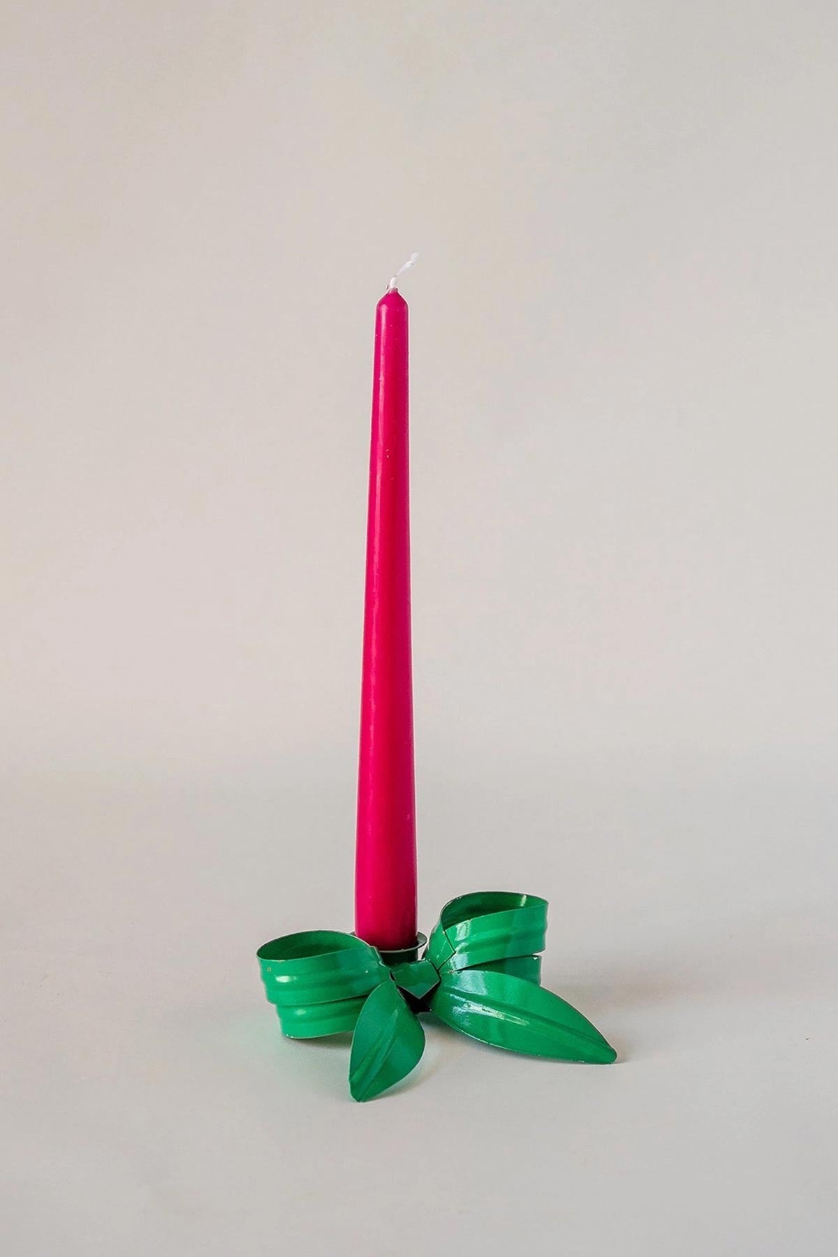 Fir green ribbon bow painted metal dinner candle stick holder — Urban Wild