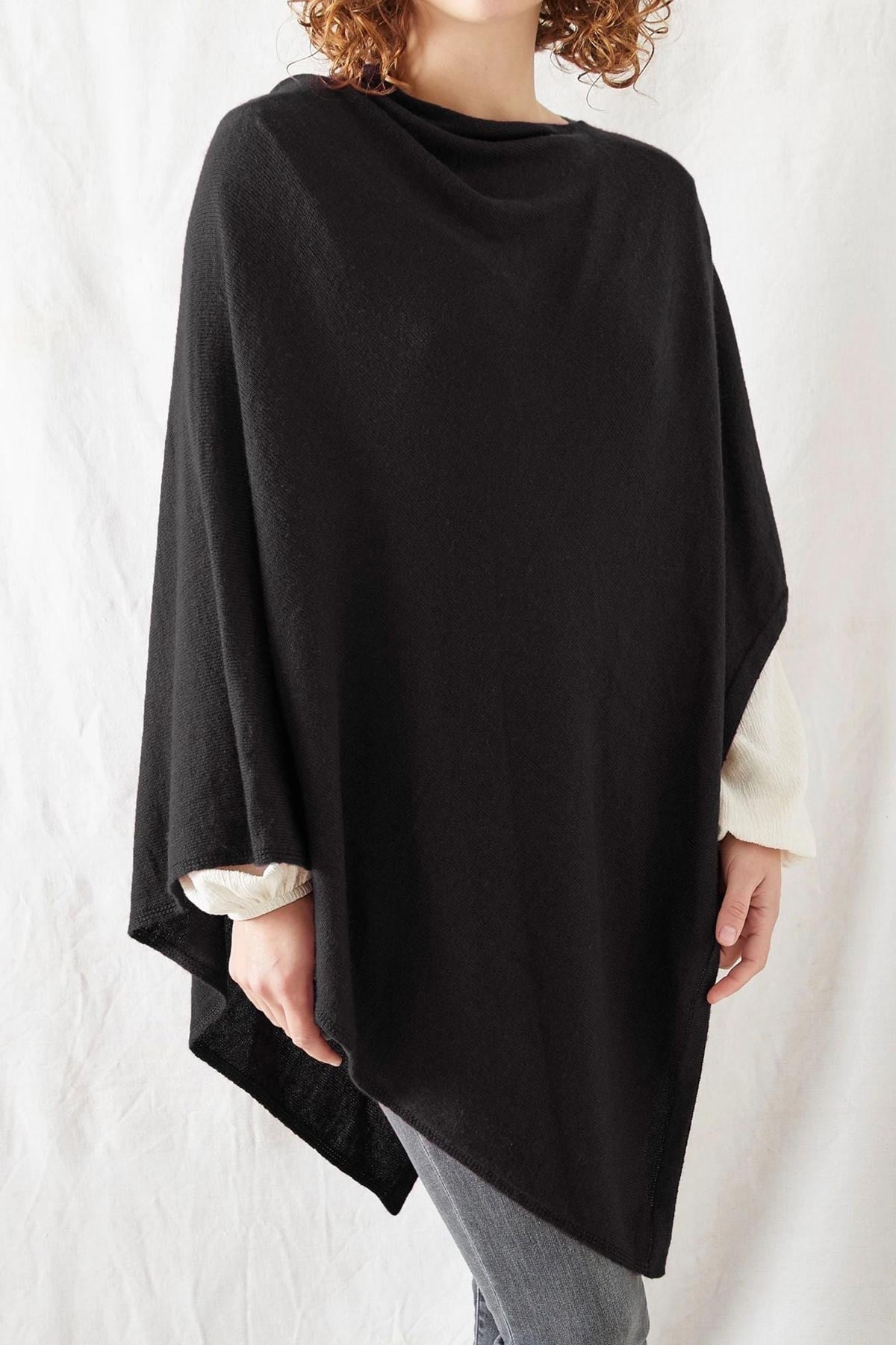 Black fine knit merino cowl poncho with flattering cowl neckline — Urban Wild