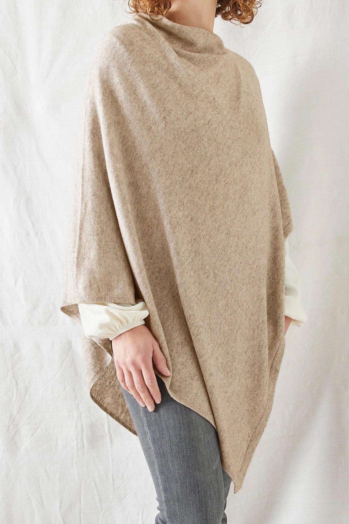 RISI fine knit merino cowl poncho in soft desert beige, handmade ethical knitwear — Urban Wild