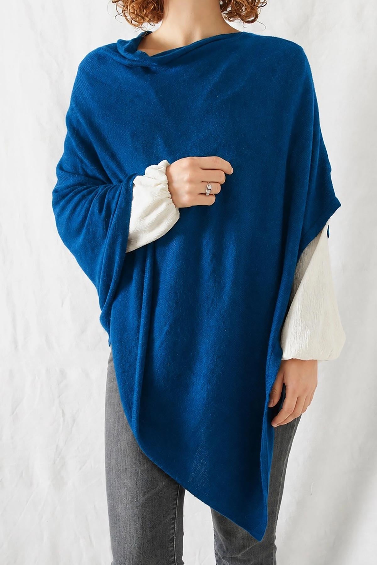 Moody blue fine knit merino cowl poncho with flattering neckline — Urban Wild