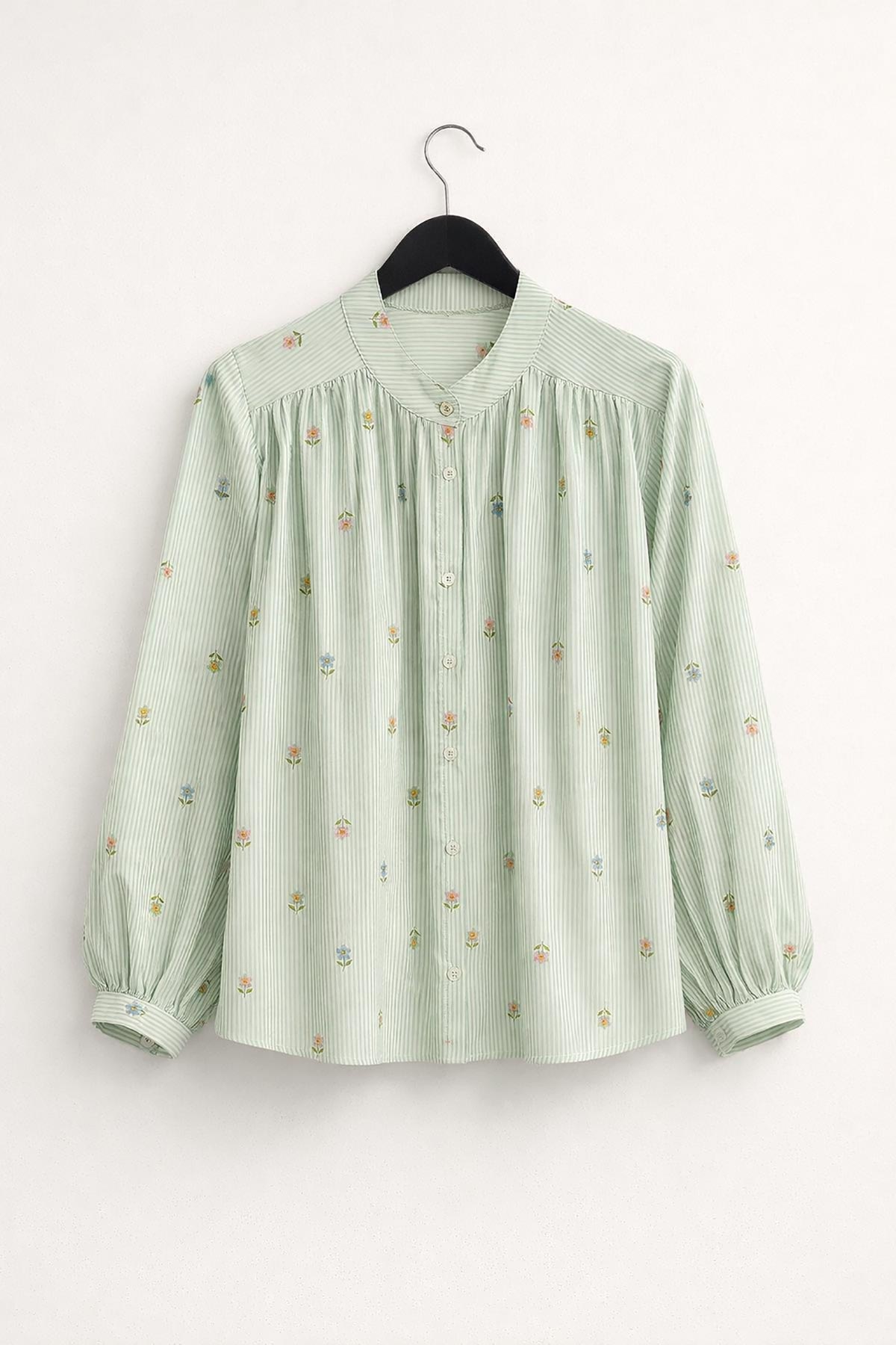 Sage stripe cotton blouse with floral detail by Urban Wild