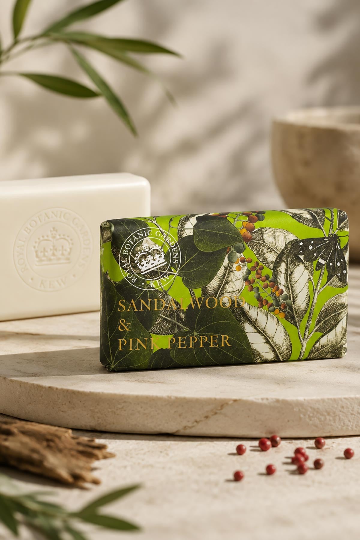 Sandalwood and pink pepper 240g luxury soap bar in illustrated Kew Gardens paper wrap — Urban Wild