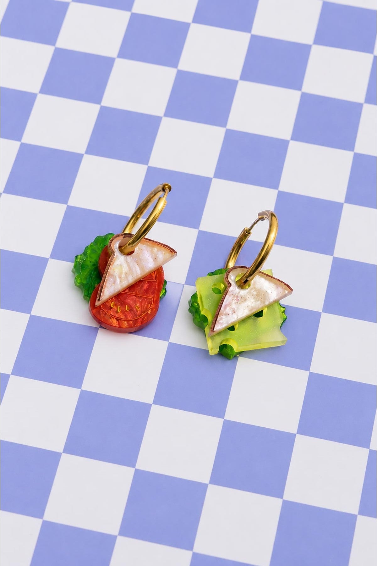 Hand painted acrylic sandwich charm hoop earrings with bread lettuce tomato and cheese — Urban Wild