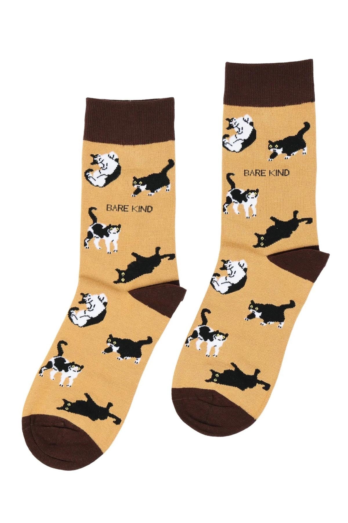 Save the Cats brown bamboo crew socks with all-over cat print by Bare Kind — Urban Wild