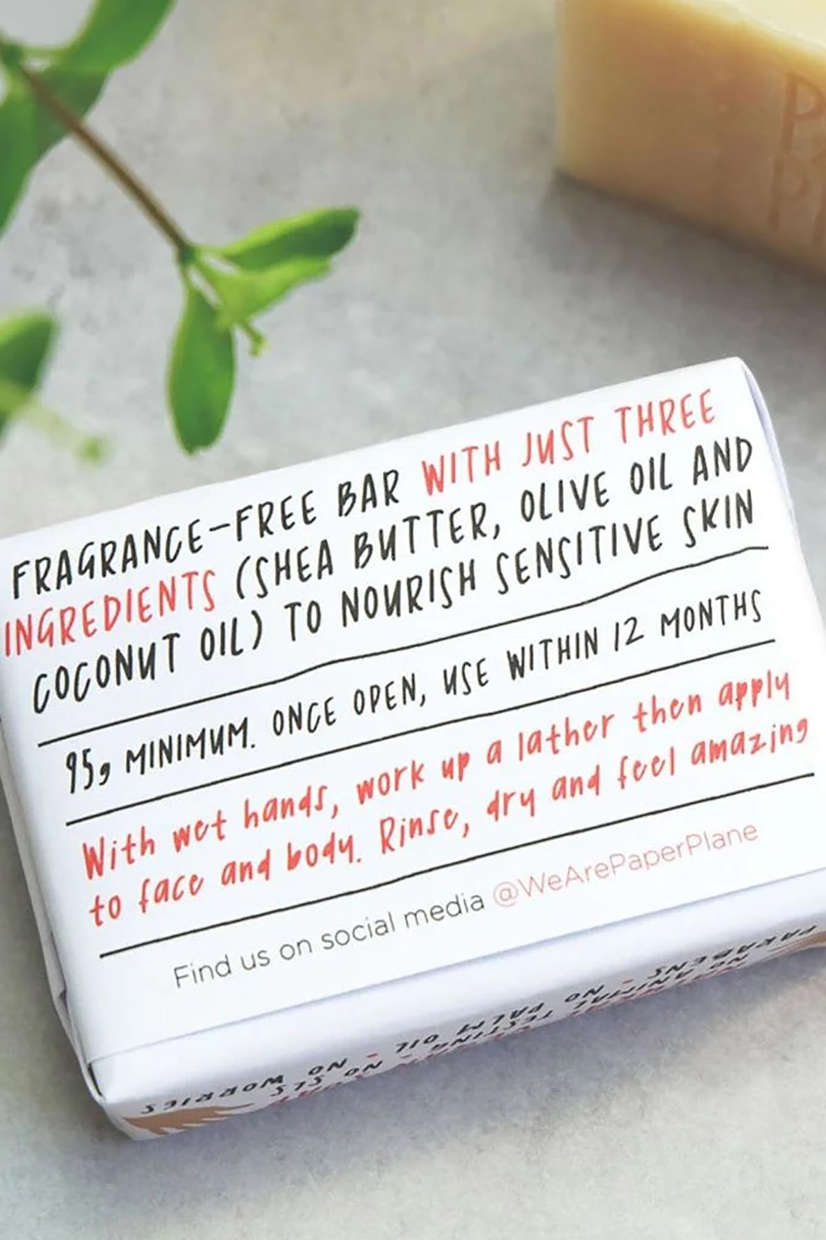 Back of Paper Plane sensitive skin soap showing three natural ingredients and usage notes — Urban Wild