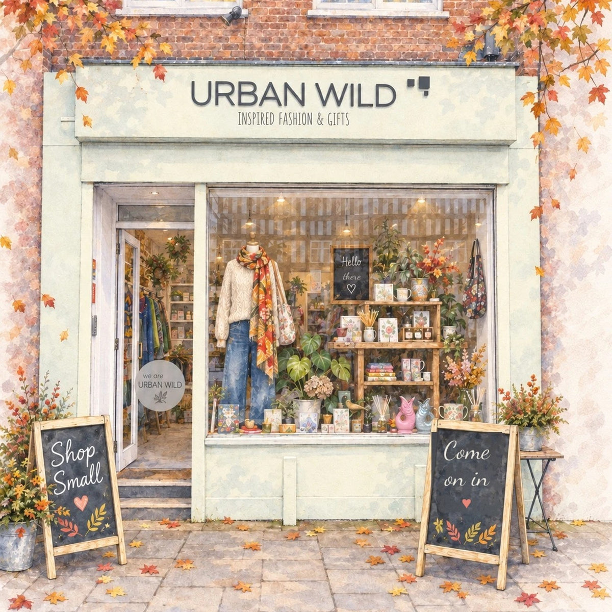 Illustration of the Urban Wild shop front in Worcester Park in autumn, with Shop Small and Come on in chalkboards