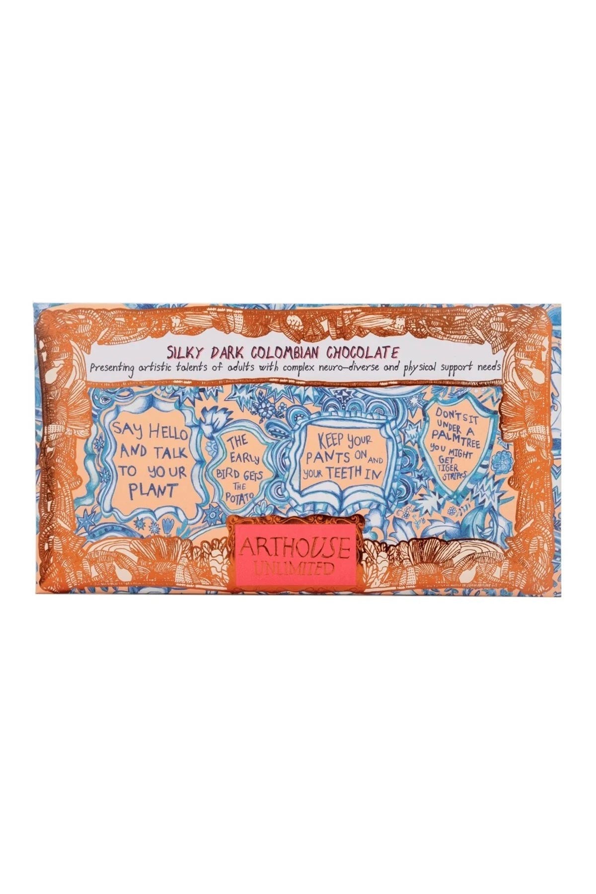 Silky dark Colombian chocolate bar with Words of Wisdom collaborative artwork wrapper — Urban Wild