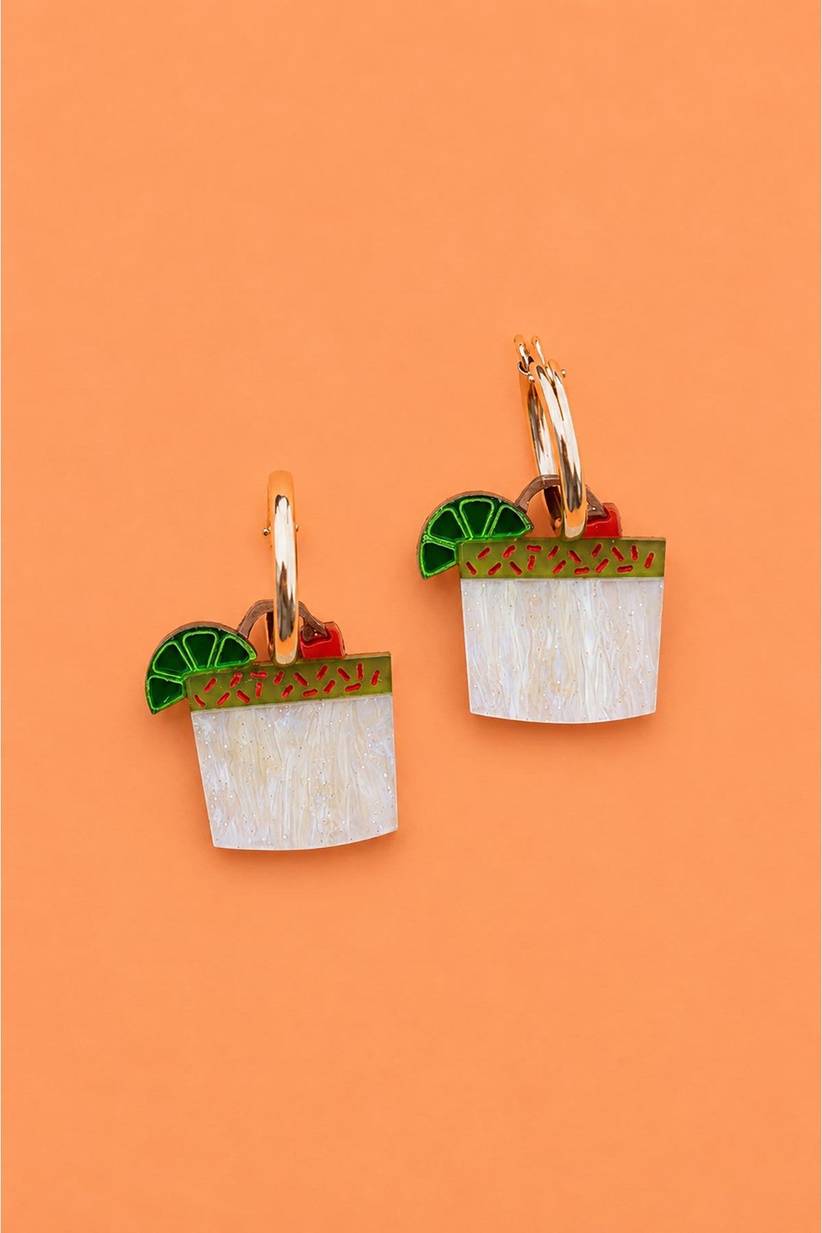 Hand painted spicy margarita cocktail charm hoop earrings on gold hoops — Urban Wild