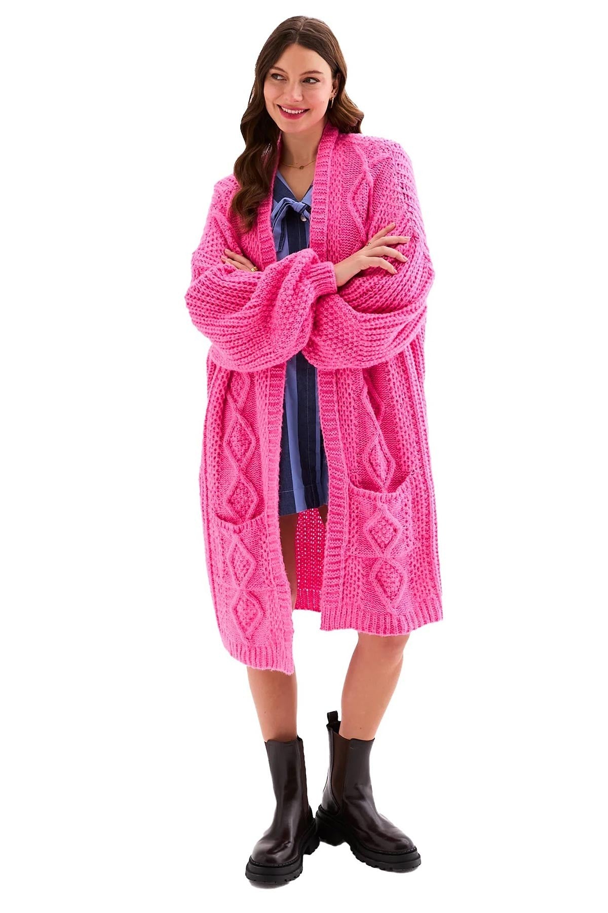 Stevie Balloon Sleeve Chunky Longline Maxi Cardigan in Hot Pink — Urban Wild