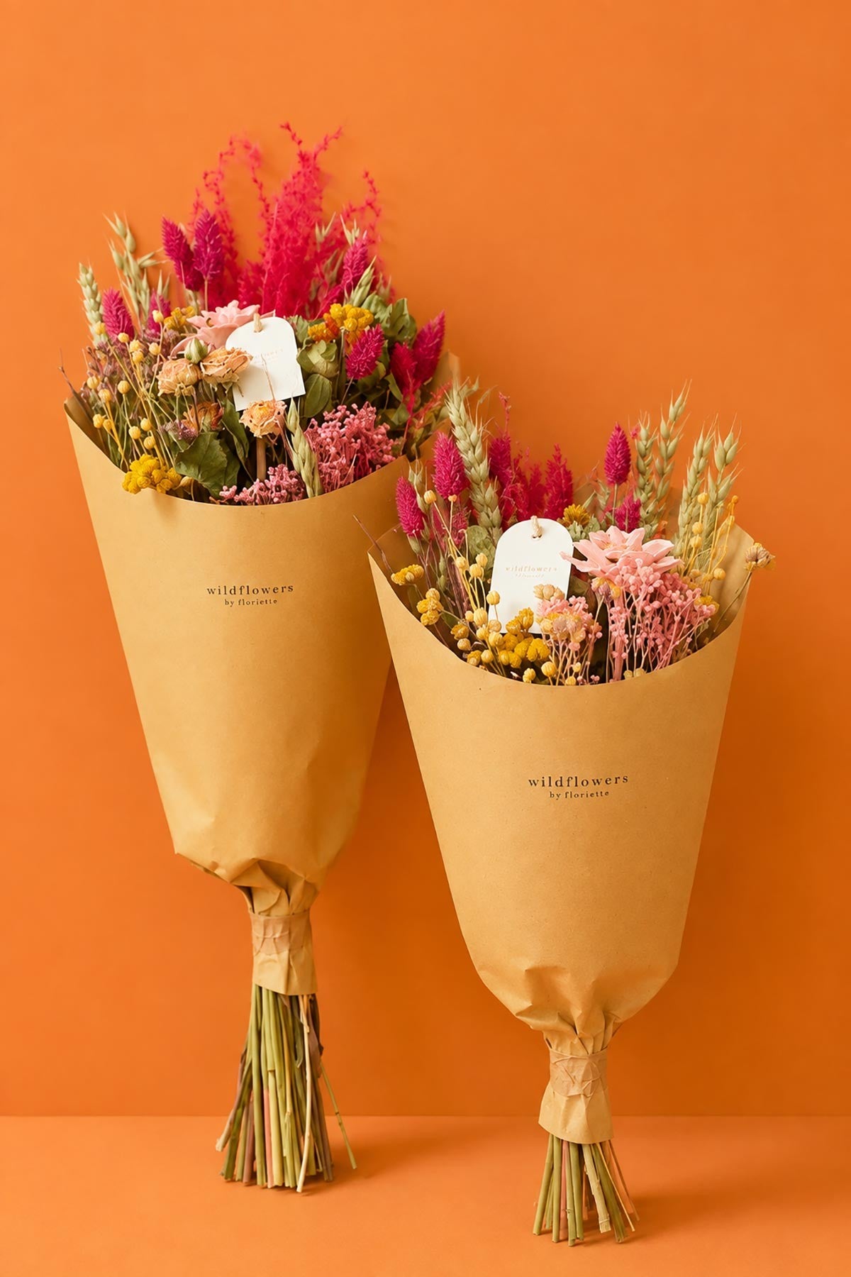 Summer Crush hand-tied dried flower field bouquet in pink cerise and orange tones — Urban Wild