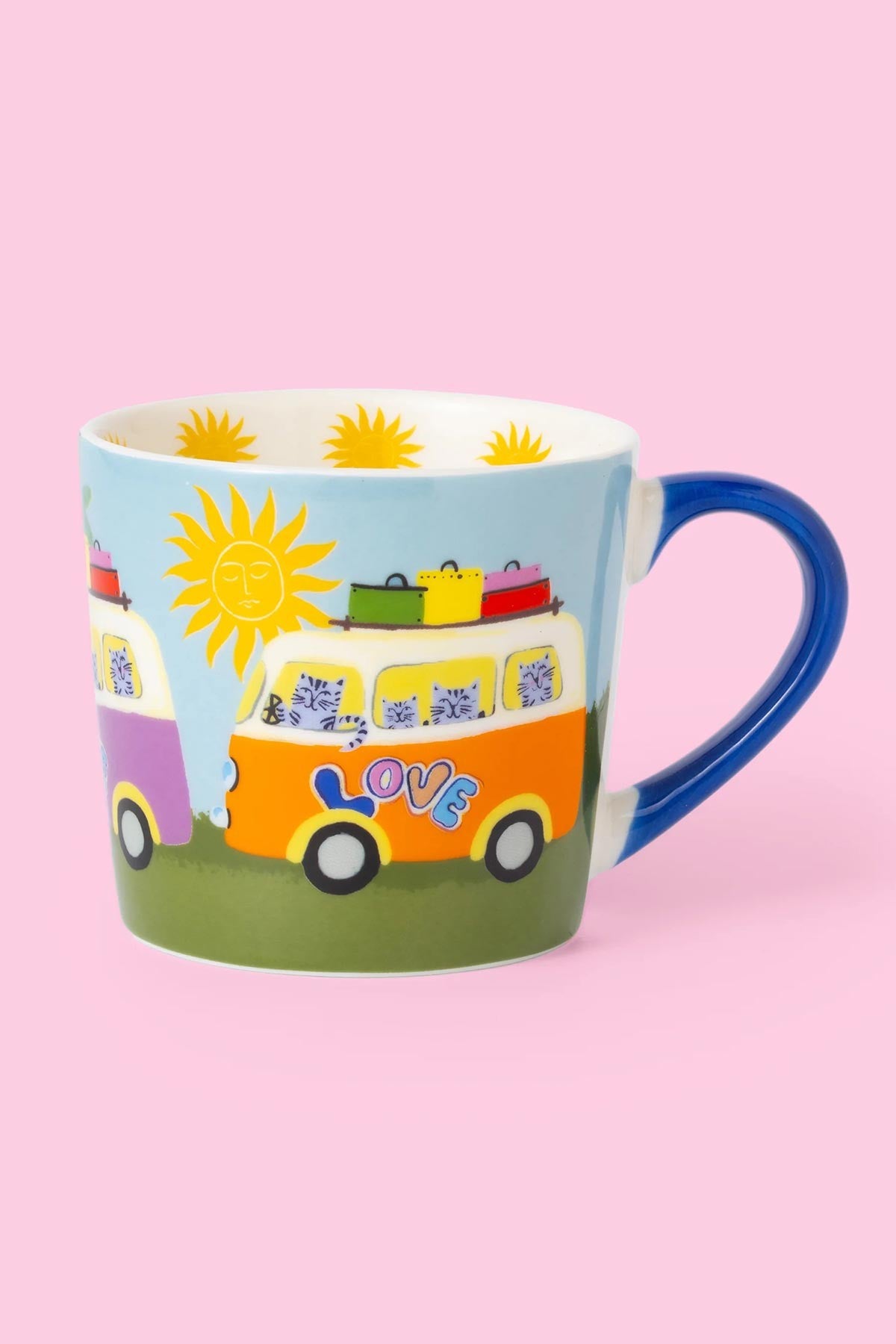 Sunshine Campervan hand painted bone china mug with cats and starry sky design — Urban Wild