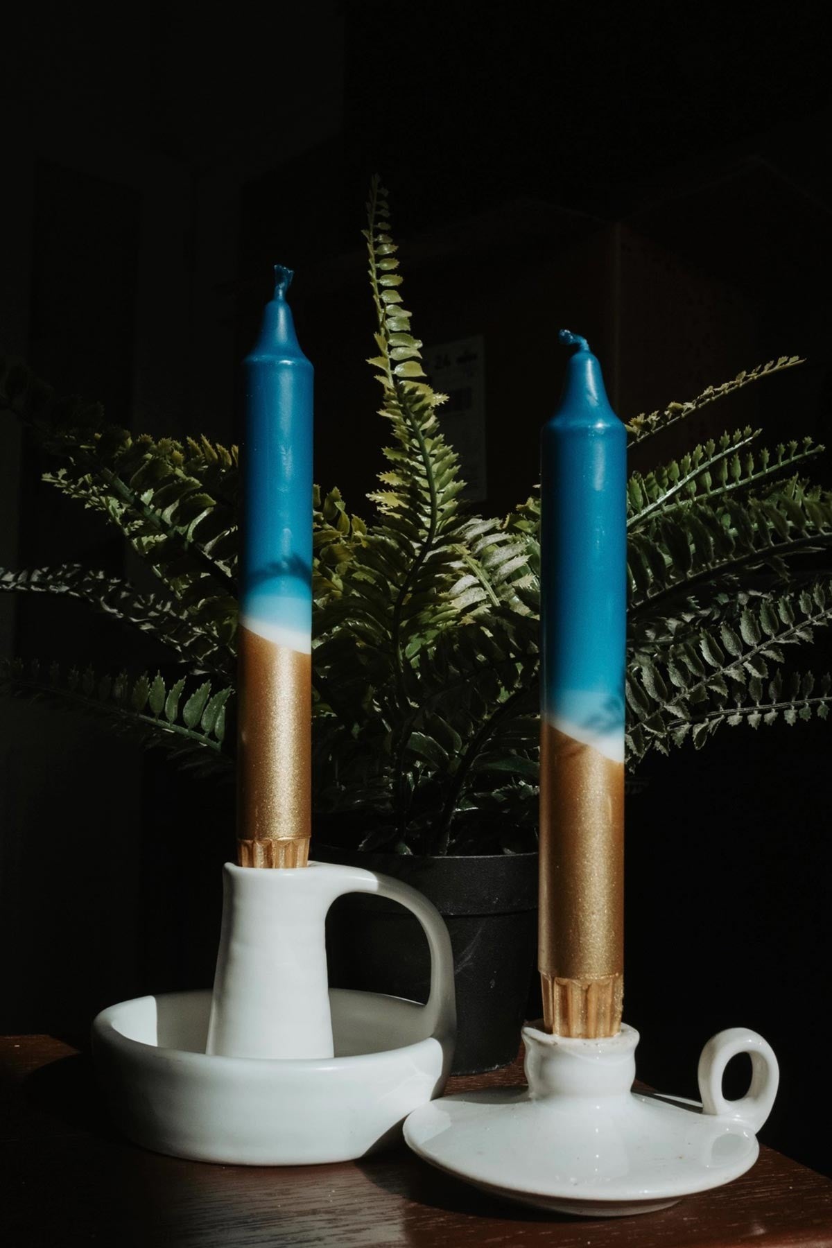 Artisan hand dipped stearin wax dinner candles teal gold — Urban Wild