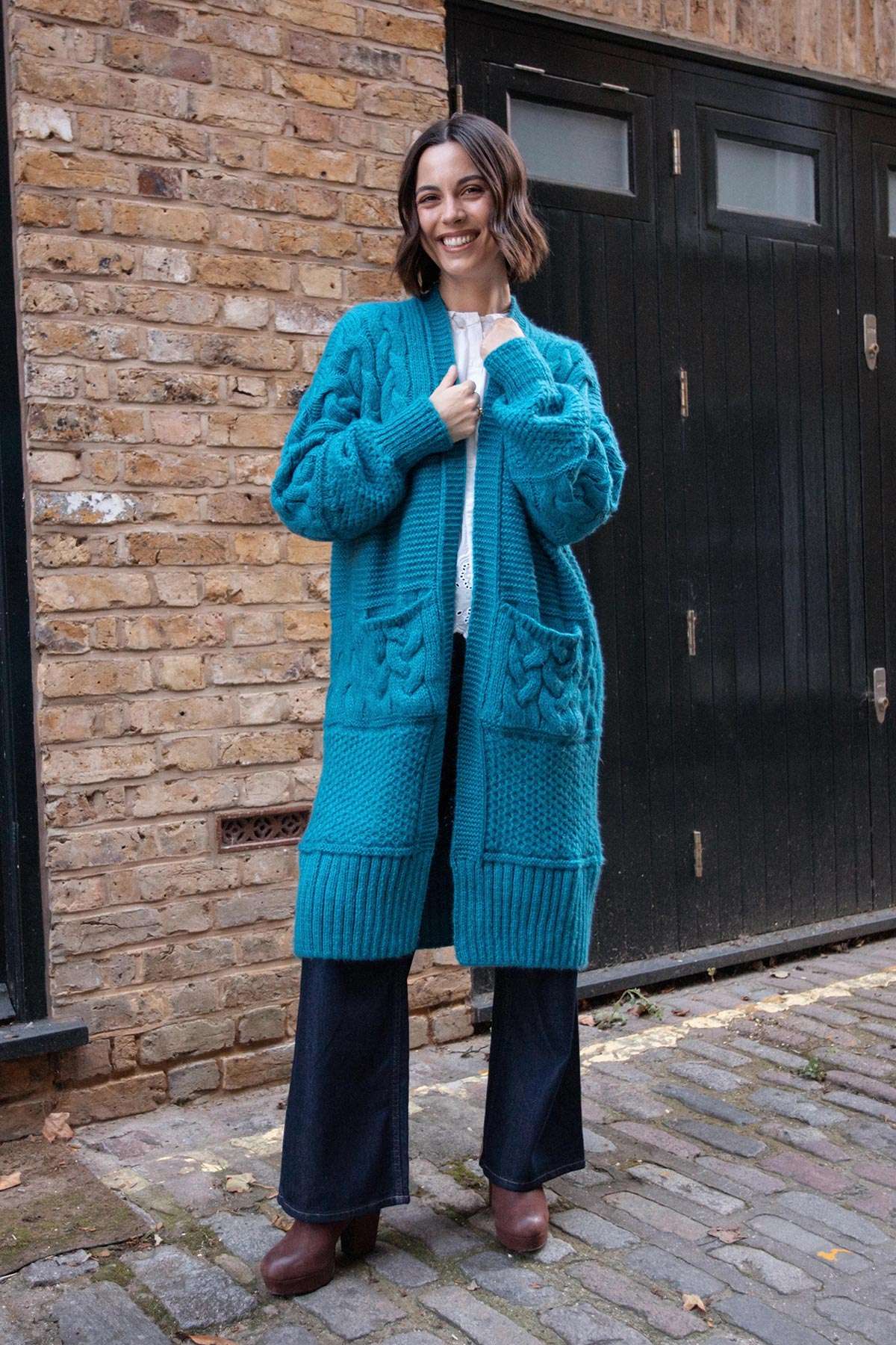 Teal chunky cable balloon sleeve oversized maxi cardigan with patch pockets — Urban Wild
