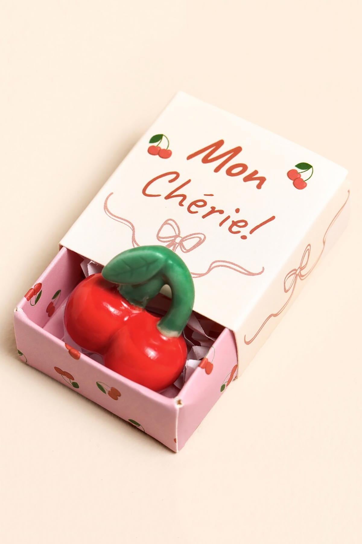 Tiny ceramic cherry token nestled inside a pink matchbox keepsake gift — Urban Wild