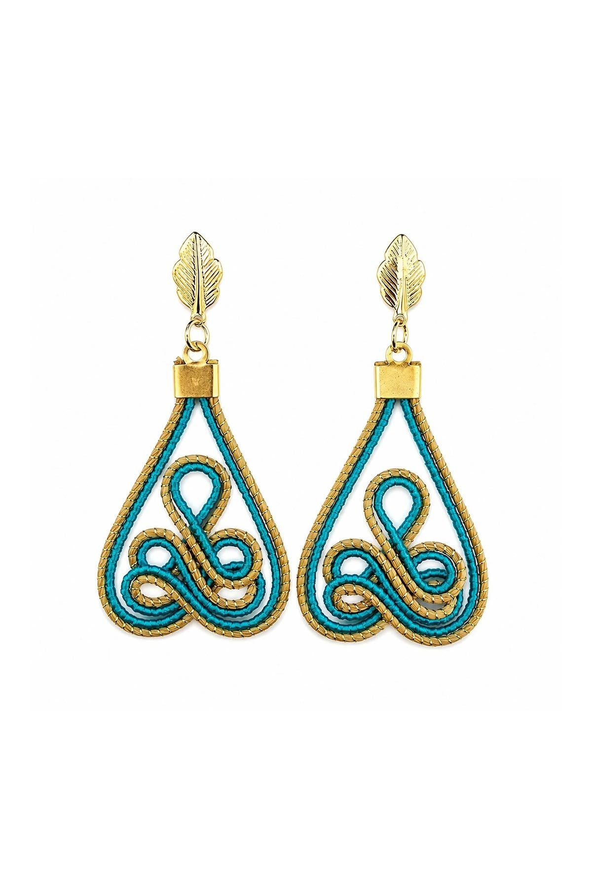 Turquoise Capim Dourado Golden Grass woven teardrop statement earrings handcrafted in Brazil — Urban Wild