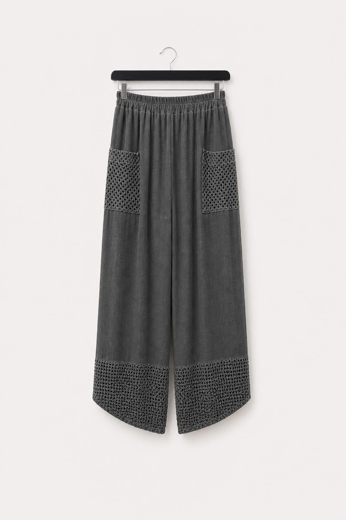 Grey Washed Linen Mesh Pocket Wide-Leg Trousers