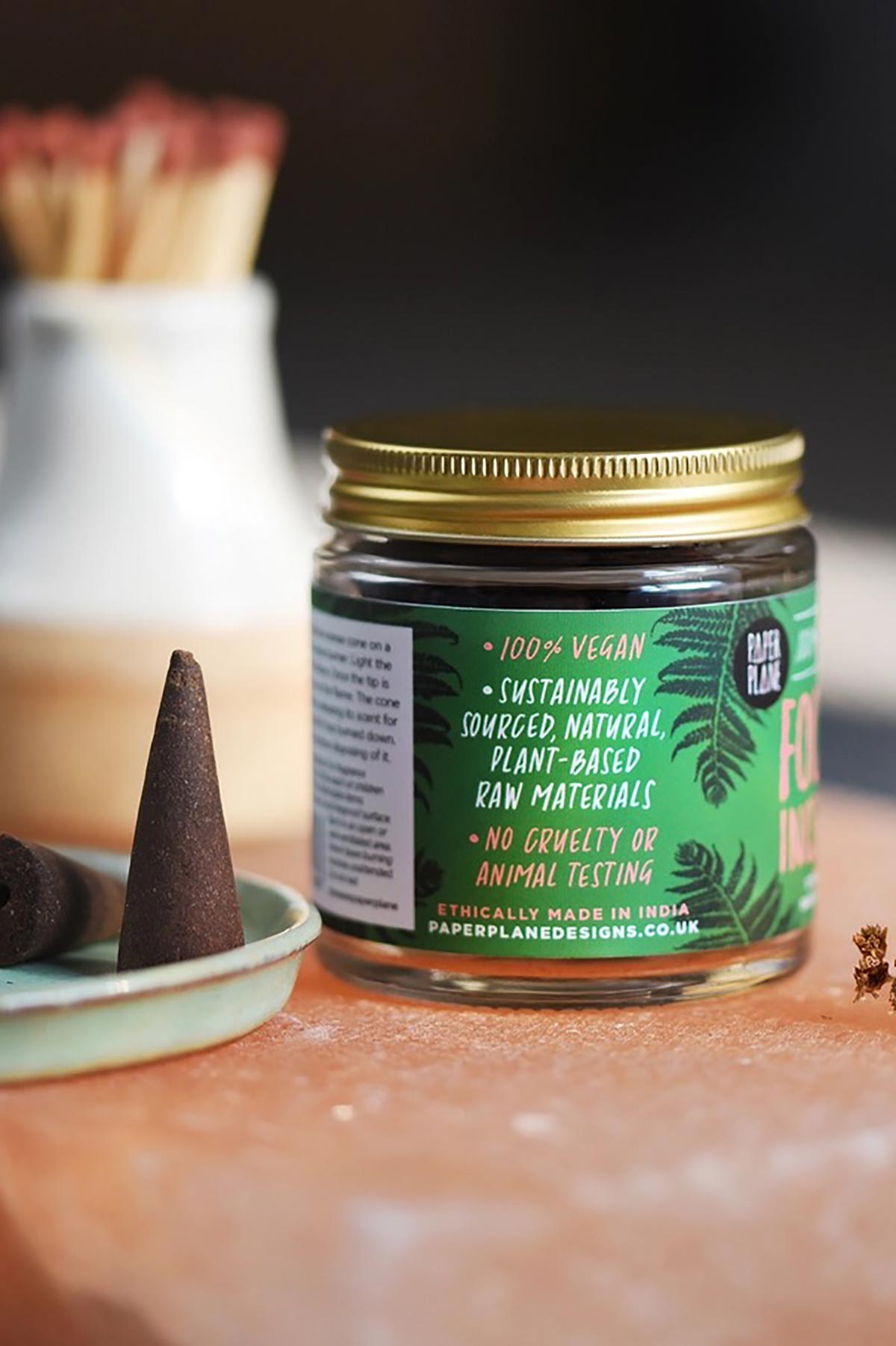 Back label of Paper Plane focus incense jar showing vegan and natural credentials — Urban Wild