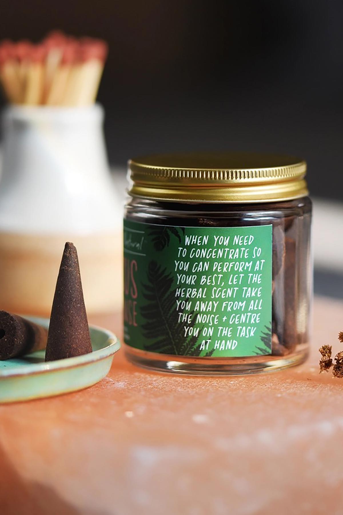 Paper Plane focus incense jar label detail with herbal concentration message — Urban Wild