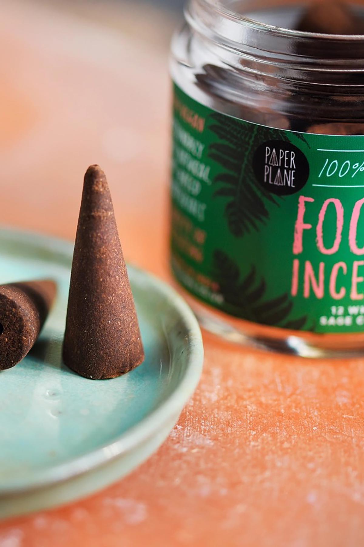 Close up of natural white sage focus incense cone on ceramic holder — Urban Wild