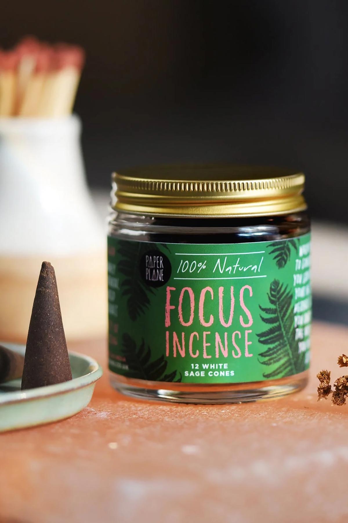 White sage focus incense cones jar by Paper Plane with brass lid and fern label — Urban Wild