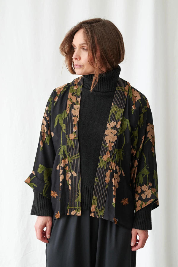 Wisteria black floral print kimono with three-quarter sleeves and open front — Urban Wild