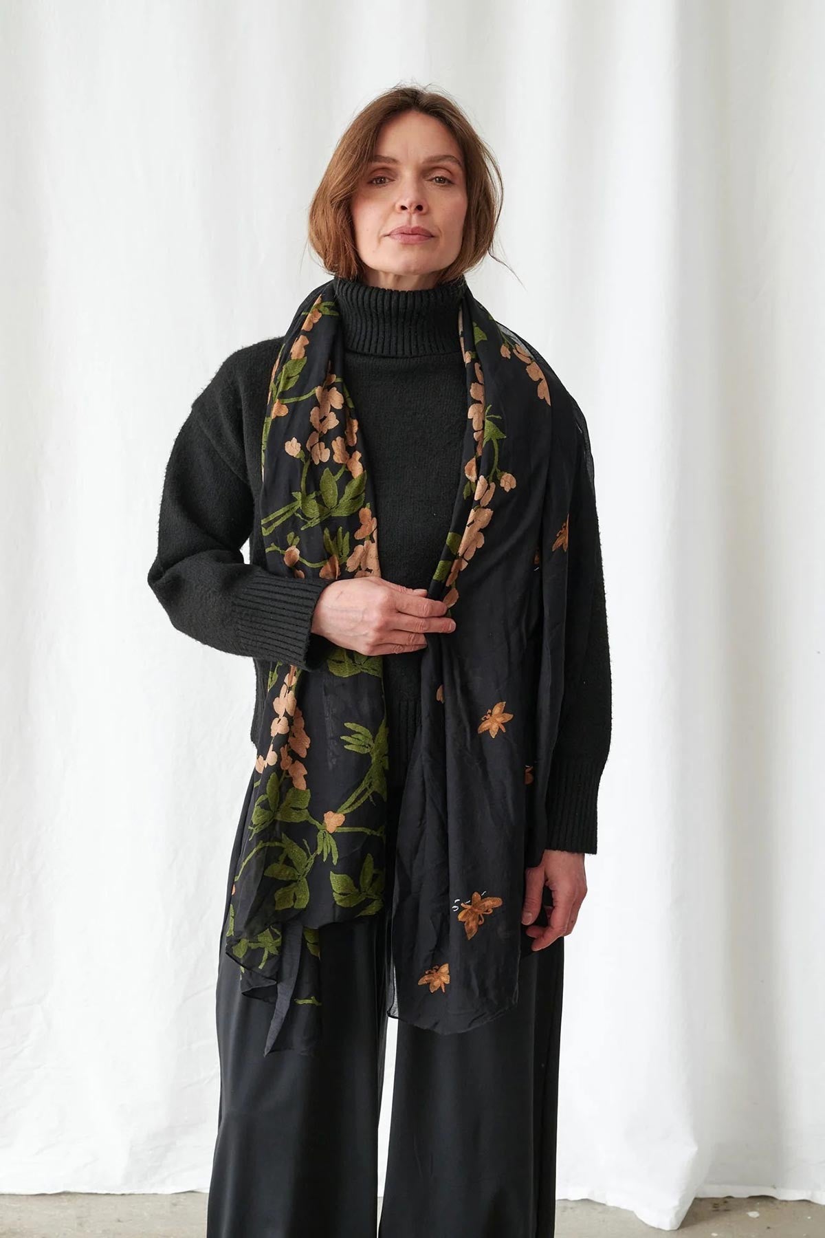 Wisteria black oversized scarf with watercolour floral print in modal cupro blend — Urban Wild