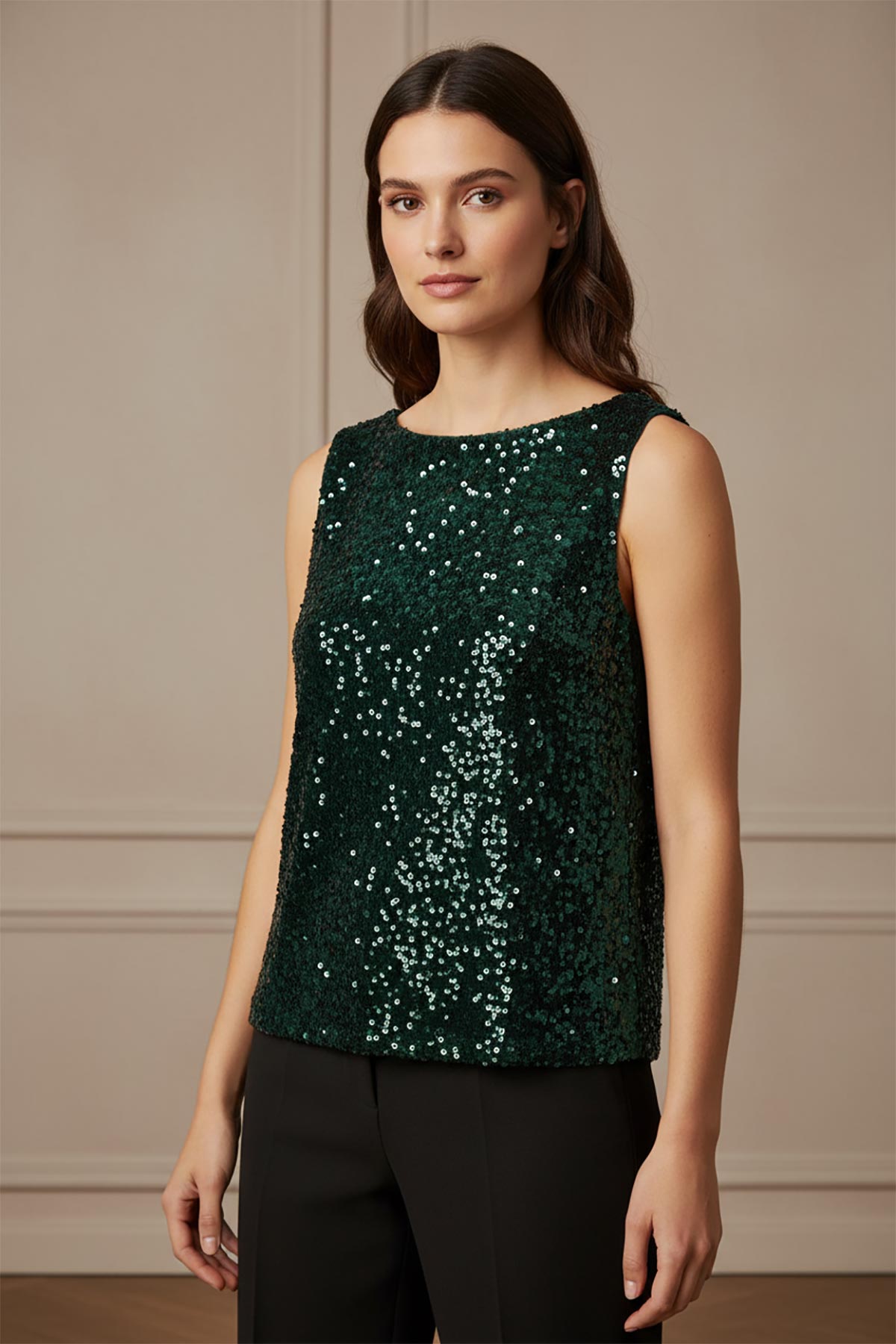 Close-up of emerald green velvet sequin fabric texture