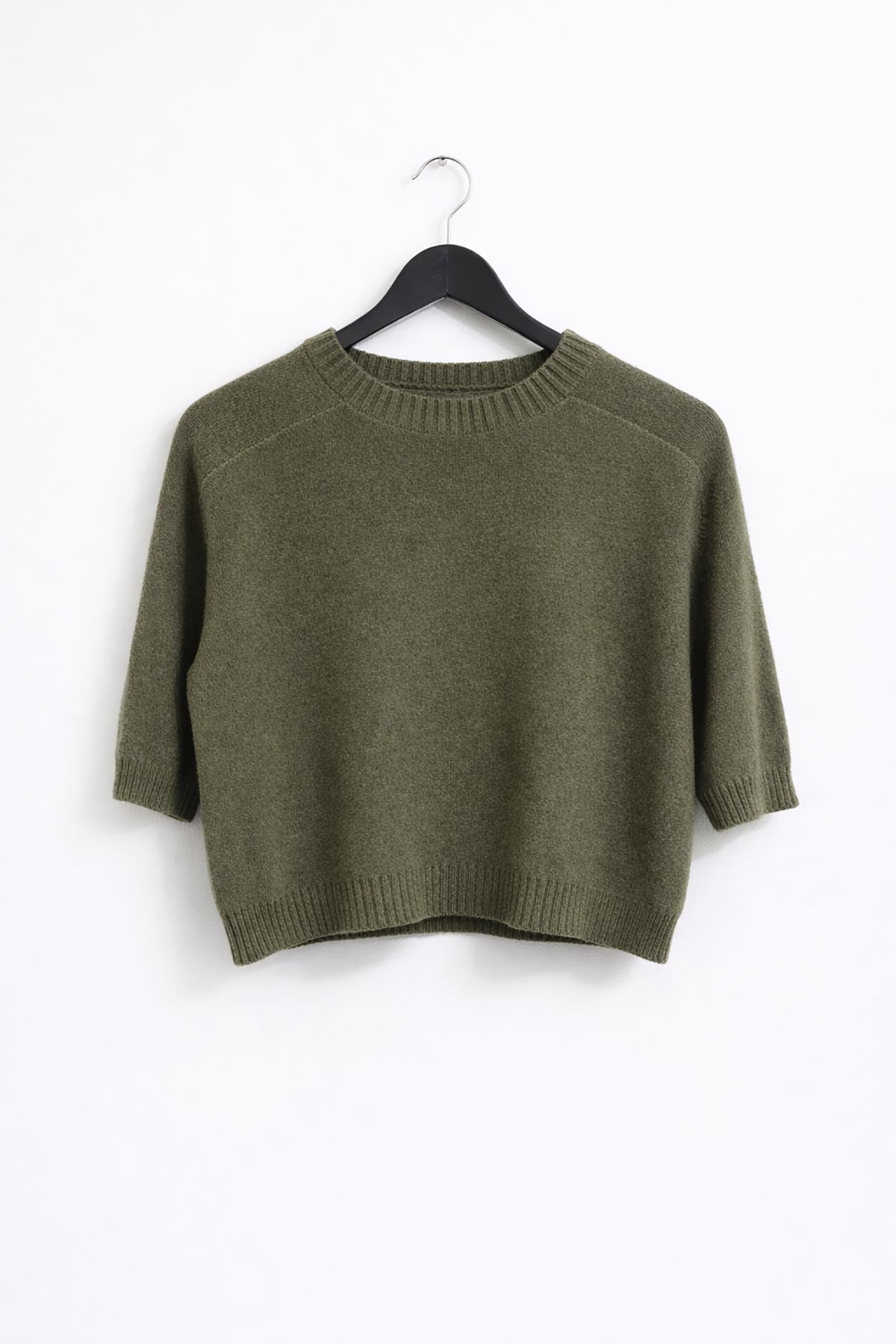 Evergreen Seamless Wool Knit Top in khaki green, front view