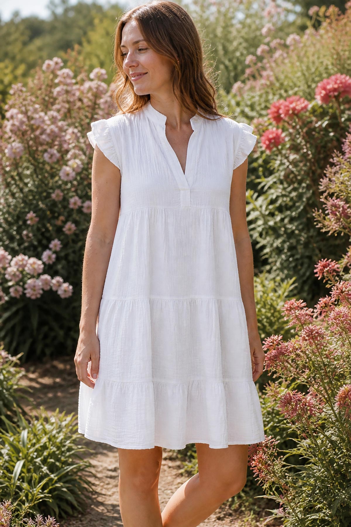 Detail view of white cotton tiered dress with frill sleeves and relaxed silhouette