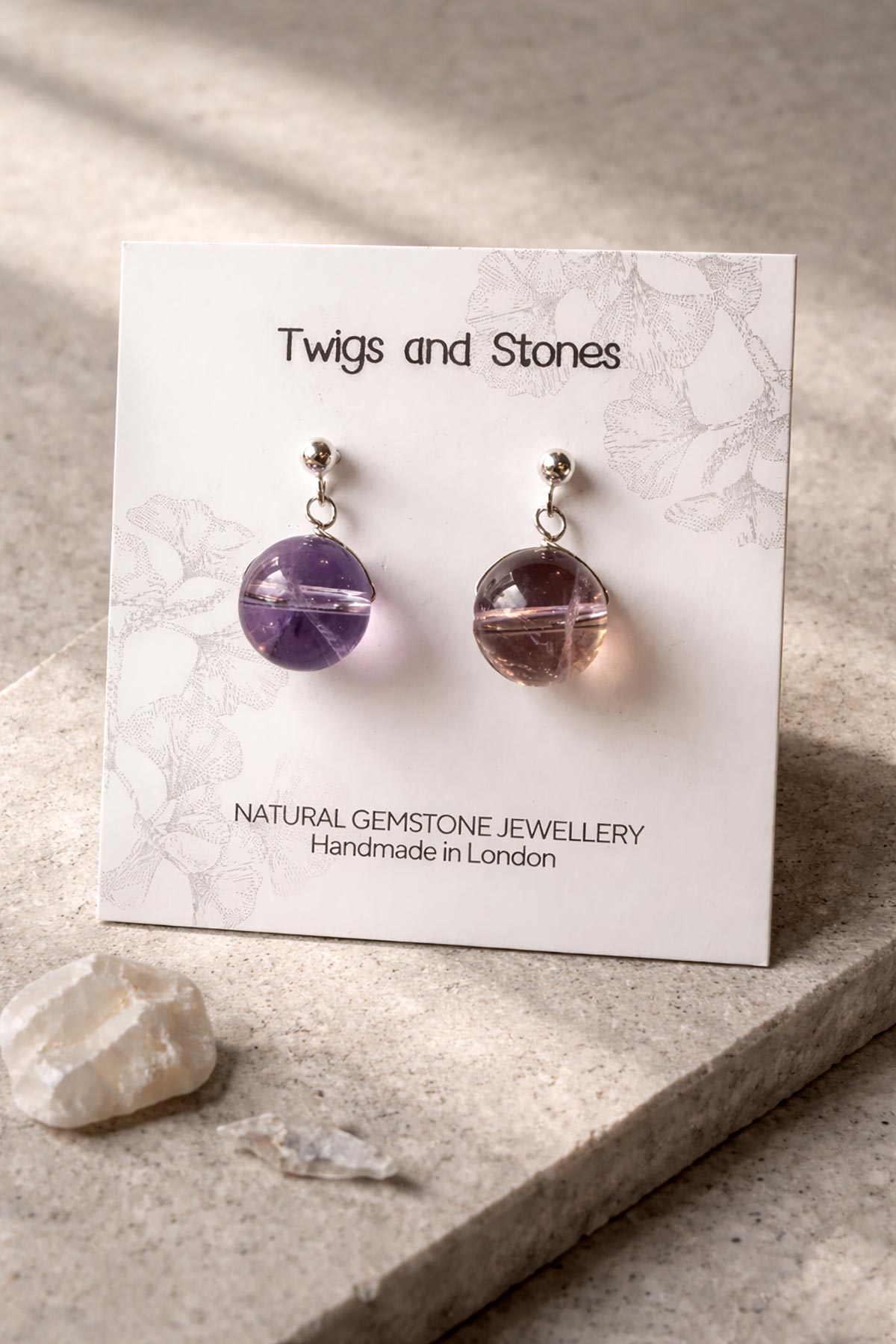 Twigs & Stones ametrine earrings in packaging